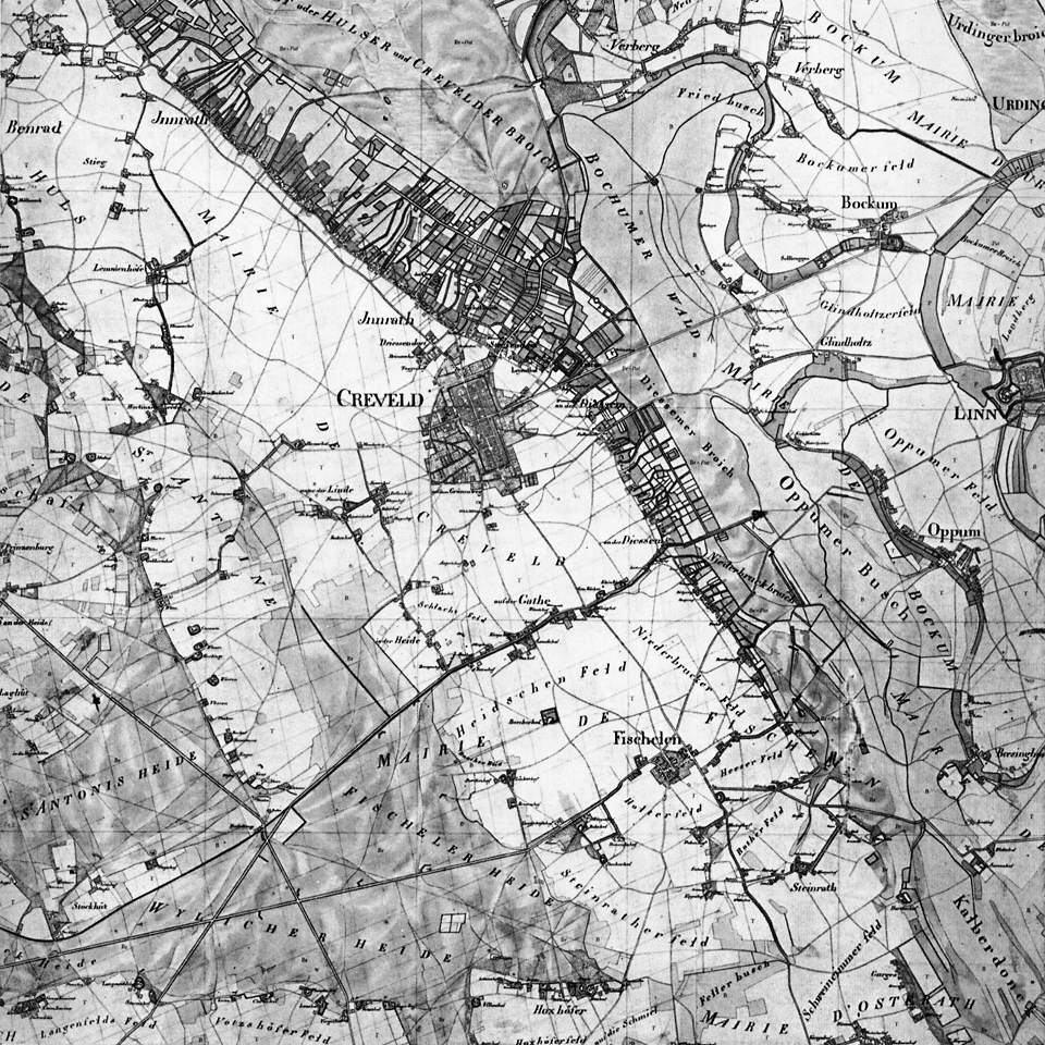 Tranchotkarte Blatt 36 »Krefeld«, aufgenommen etwa 1805 – aus »Altes Crefeld«. Frankfurt/M.: Verlag Weidlich, 1975