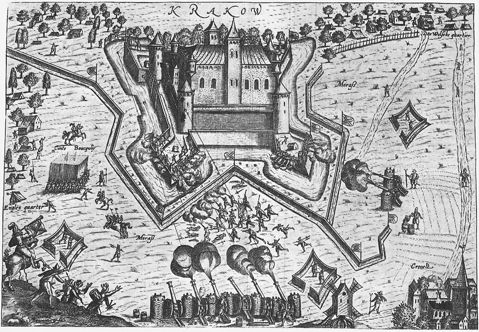 Die Beschießung von Krakau 1605, Kupferstich von W. Benjamin – aus: »Altes Crefeld«. Frankfurt/M.: Verlag Weidlich, 1975