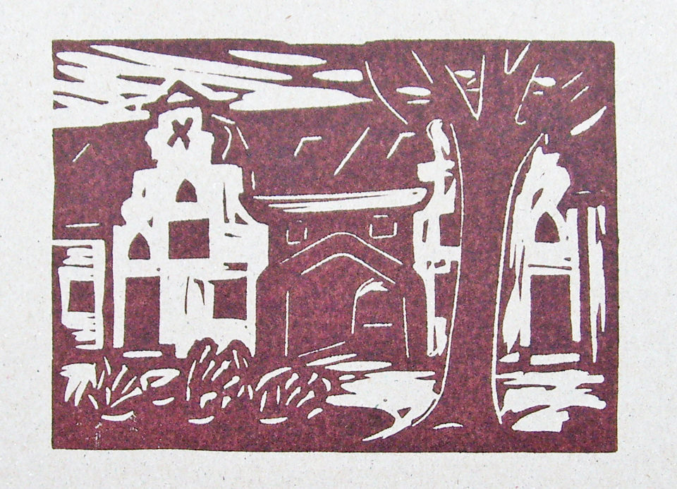 Schlagbaumsweg/Tor zur Nernststraße, Linolschnitt von Georg Opdenberg, 11,2 × 8,2 cm, 2013. Foto: Künstler